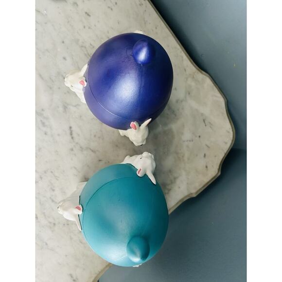 (2) 1960s Ceramic Easter Egg Candy Jar Hand Painted Bunnies Rabbits Purple Teal - Picture 4 of 16